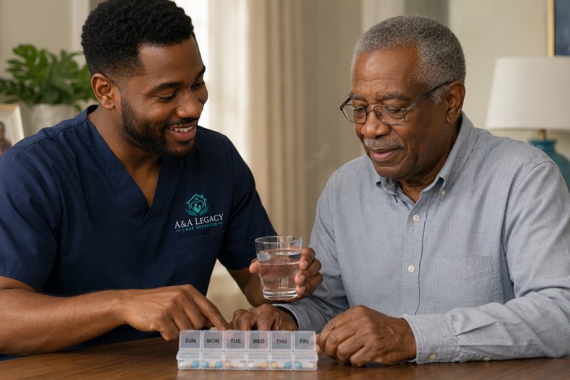 A caregiver sitting with a client at his kitchen table, helping him with his medication organiser.