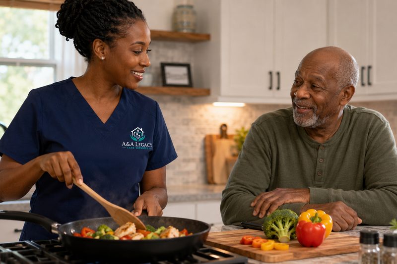 A caregiver cooking a meal in the kitchen while the client sits at the counter.