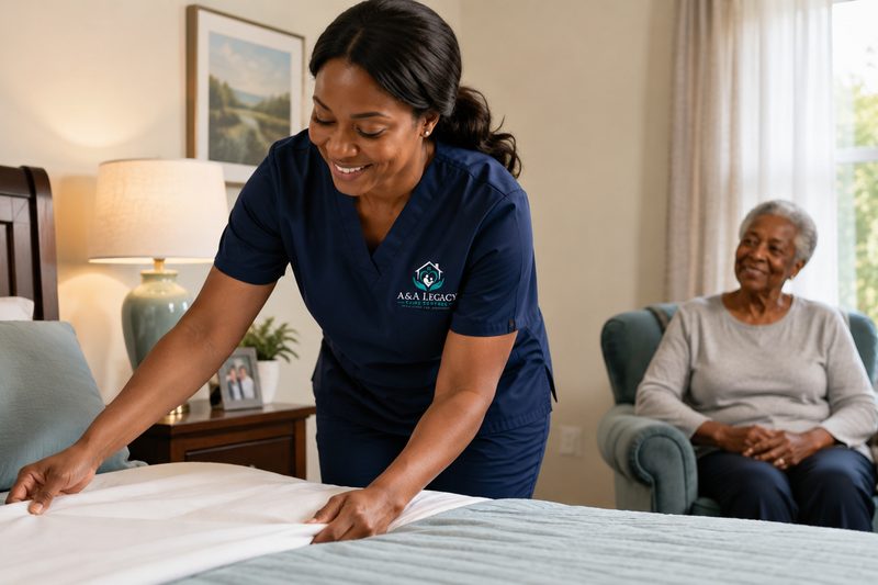 A caregiver making the bed while the client rests in an armchair nearby.