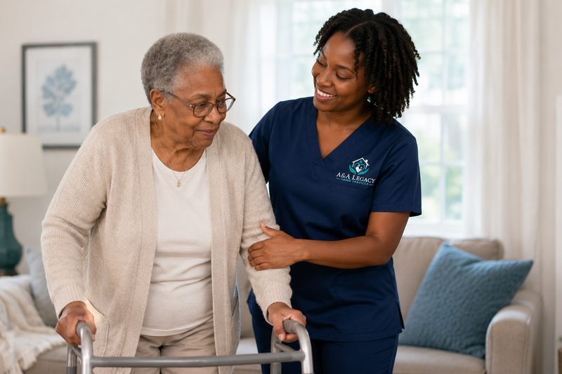 A caregiver steadying a woman as she walks with a wheeled frame.
